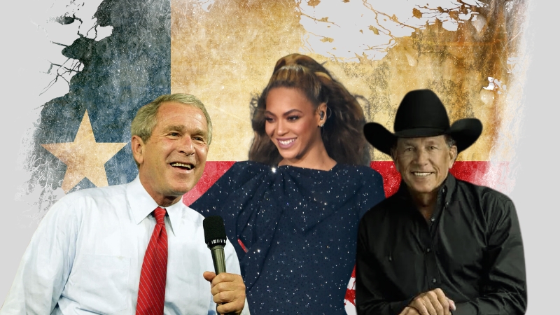 A Collage Featuring George W. Bush, Beyoncé, and George Strait, Representing Some of The Most Famous Texans of All Time