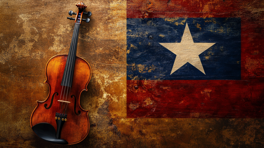 A Violin Rests Against the Backdrop of A Distressed Texas Flag, Representing the Rich Musical Heritage Found in Iconic Texas Songs