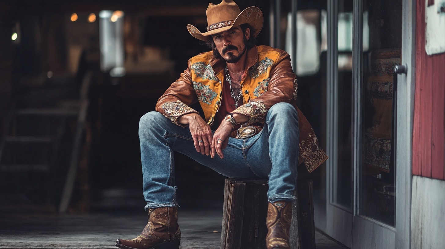 man wearing a cowboy hat, embroidered leather jacket, jeans, and boots, sitting confidently on a wooden stool