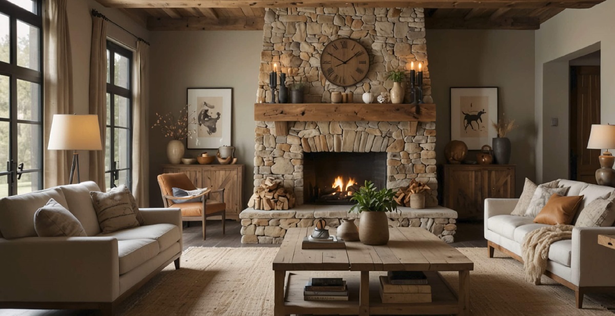 A warm and welcoming living room featuring a stone fireplace, soft sofas, and rustic decor