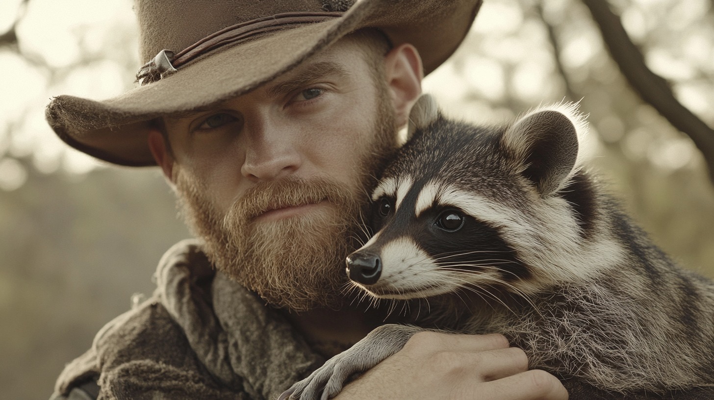 A rugged cowboy in a hat and beard holding a raccoon close to his chest, both looking off into the distance