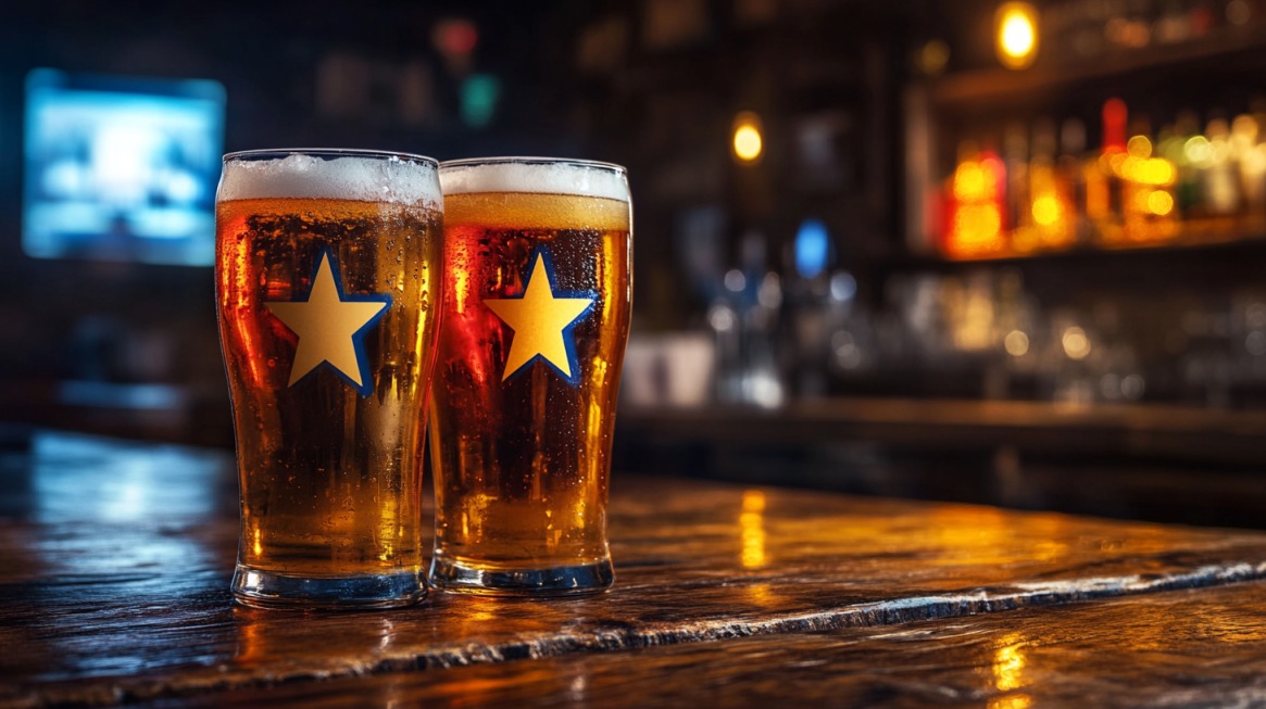 Two pints of beer with star logos on the glasses, placed on a rustic wooden bar counter with a dimly lit bar in the background.