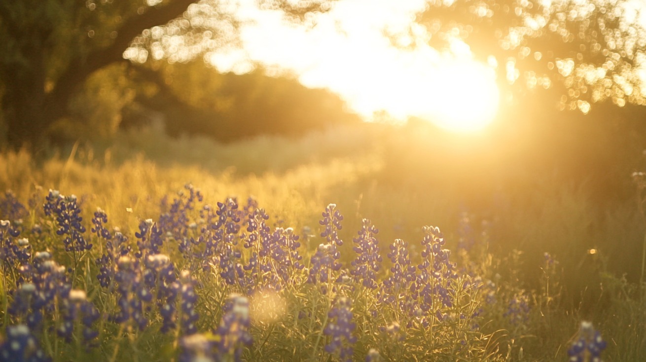 Field of blooming bluebonnets bathed in warm golden sunlight during sunset, with trees and soft grass in the background