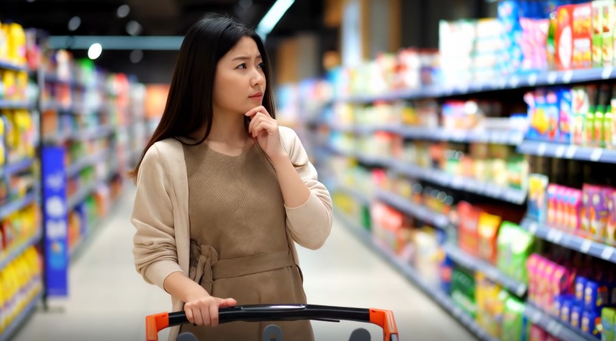 A shopper pauses amidst the vibrant aisles, considering their grocery list