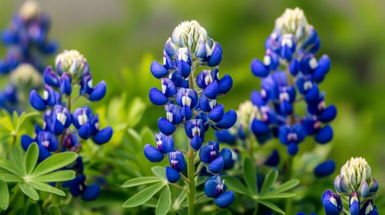 Macro photo of vivid bluebonnet flowers with green leaves and blurred background, highlighting their distinctive petals and springtime beauty