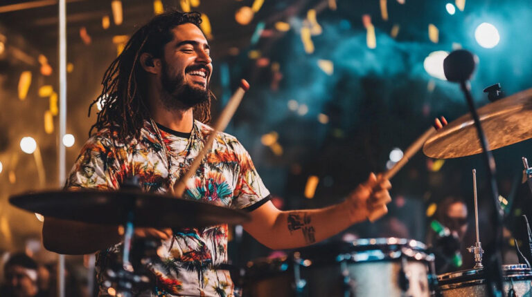 Smiling drummer performing on stage at a live music event in Austin with colorful lights and confetti in the air
