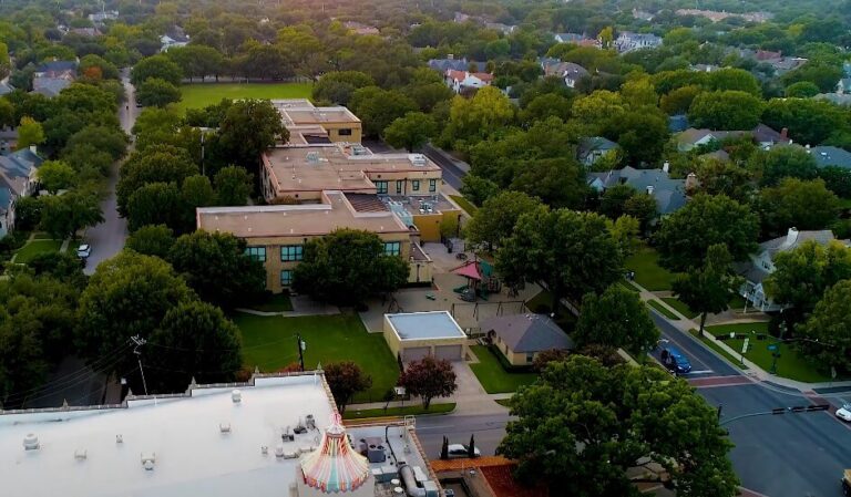 A mix of residential and educational buildings, creating a balanced community environment