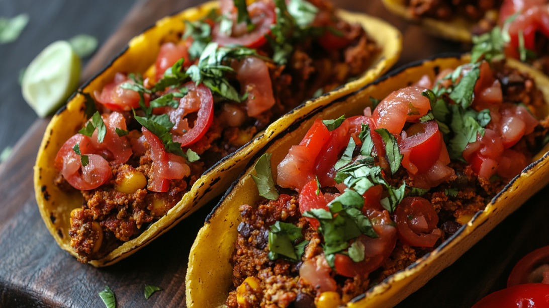 Close-up of colorful vegan chorizo tacos topped with tomatoes and fresh herbs in yellow taco shells