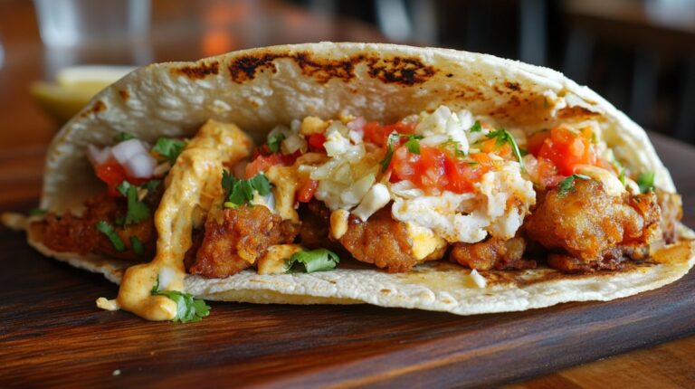 Close-up of a loaded taco with fried fish, pico de gallo, shredded cheese, and spicy sauce in a toasted tortilla