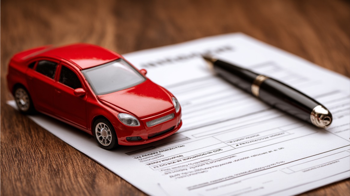 Close-up of a red toy car and pen placed on top of a car insurance document