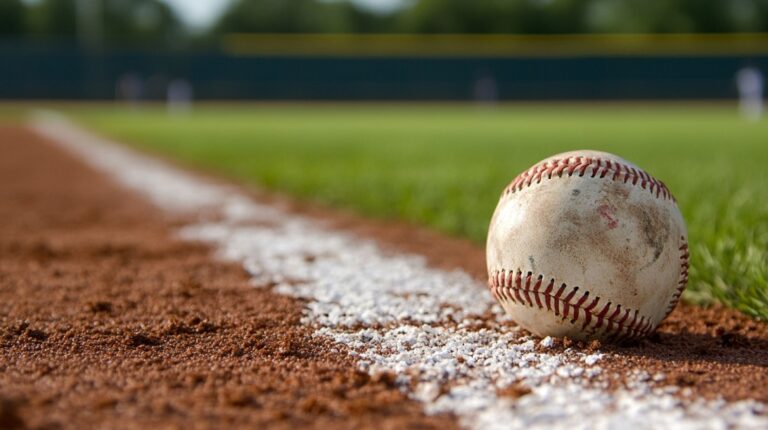 Close-up of a baseball lying on the foul line of a baseball field