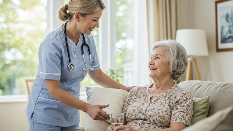 A nurse converses with an elderly woman, providing care and support