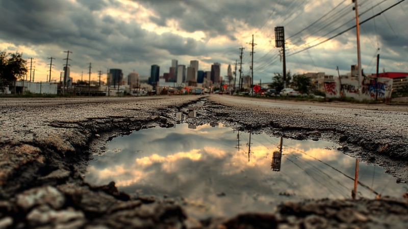 Deep pothole filled with water on a cracked Texas road, with a city skyline in the background