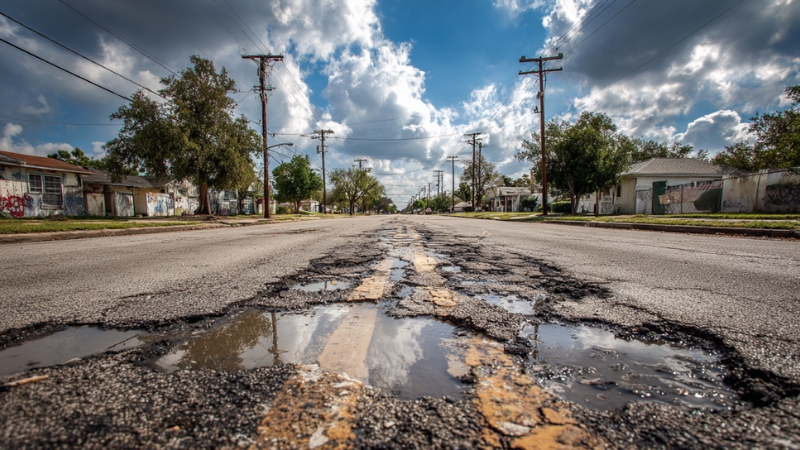 Badly damaged Texas street with multiple potholes filled with water, showing signs of long-term neglect and road failure