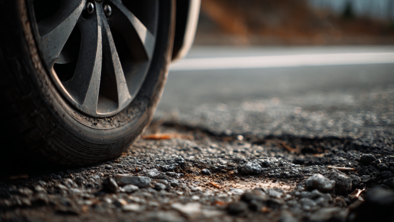 Car tire about to hit a pothole on a rough Texas road