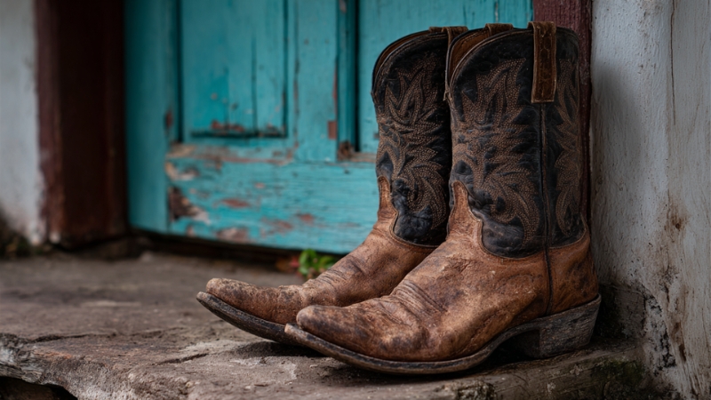 A pair of worn cowboy boots resting by a rustic blue door show timeless Texas pride
