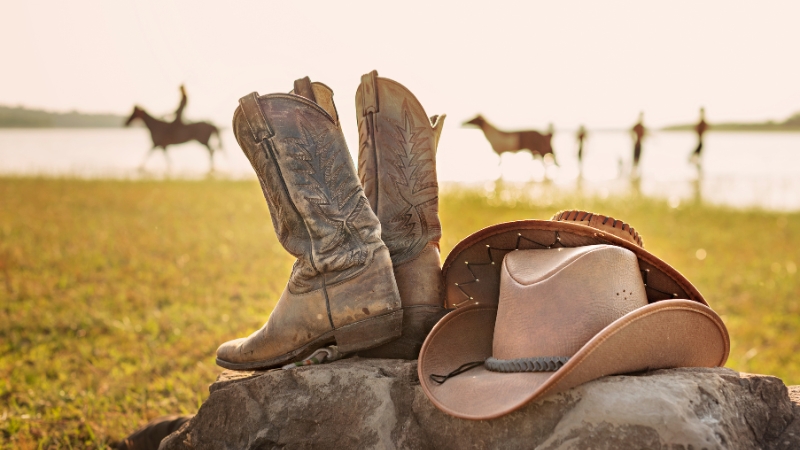 Cowboy boots and a hat rest on a rock with horses in the background