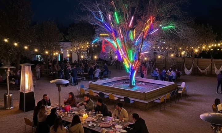 A large outdoor gathering with people seated around a tree