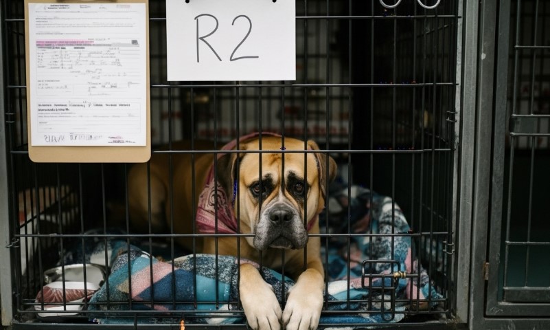 A large, sad-eyed dog rests its paws on the wire of its kennel, labeled "R2," seeking comfort