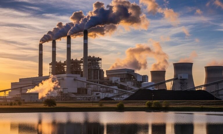 Coal power plant at sunset, with smoke billowing from the chimneys against a colorful sky
