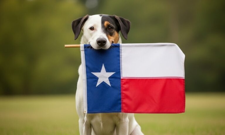 Dog holding Texas flag in his mouth