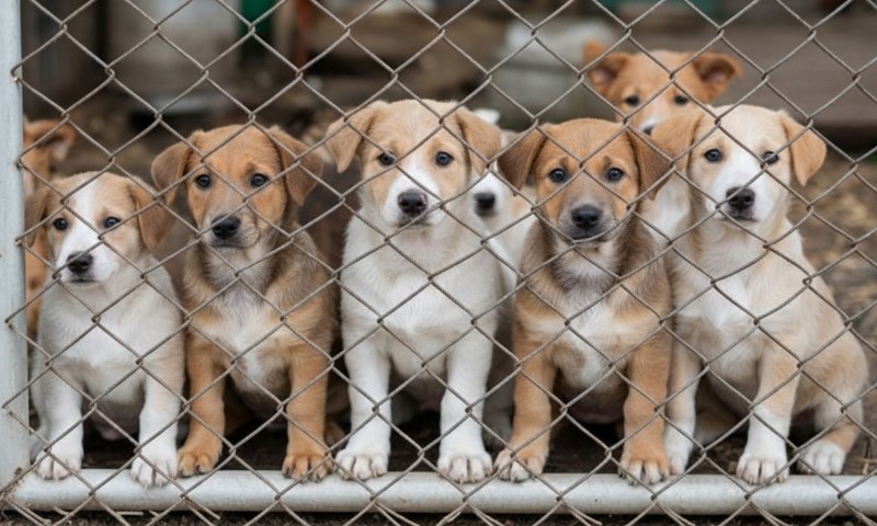 A row of curious puppy faces peering through diamond-patterned chain-link fencing