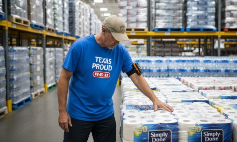 A man in a blue shirt stands in a warehouse surrounded by boxes of toilet paper