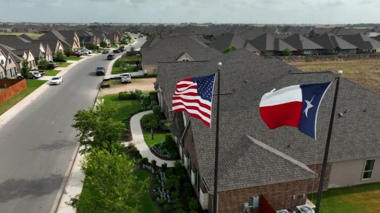 Suburban Austin neighborhood with homes and flags, common for families moving to Austin