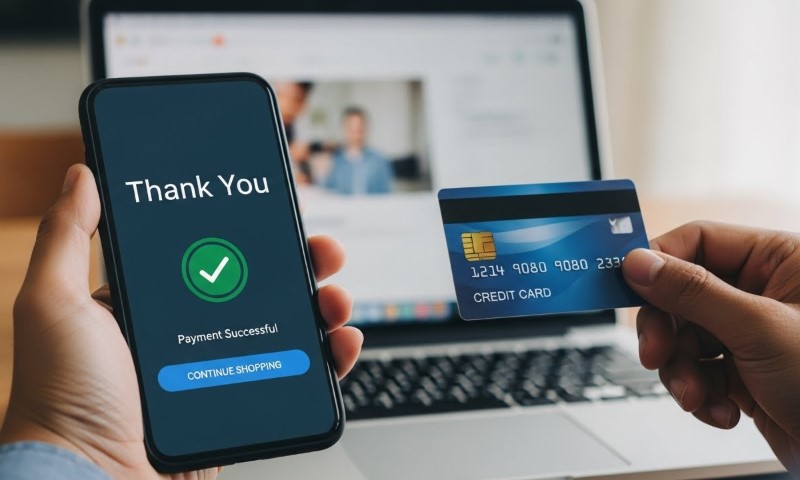 Mobile screen shows "Payment Successful" while a credit card is held nearby over a laptop keyboard
