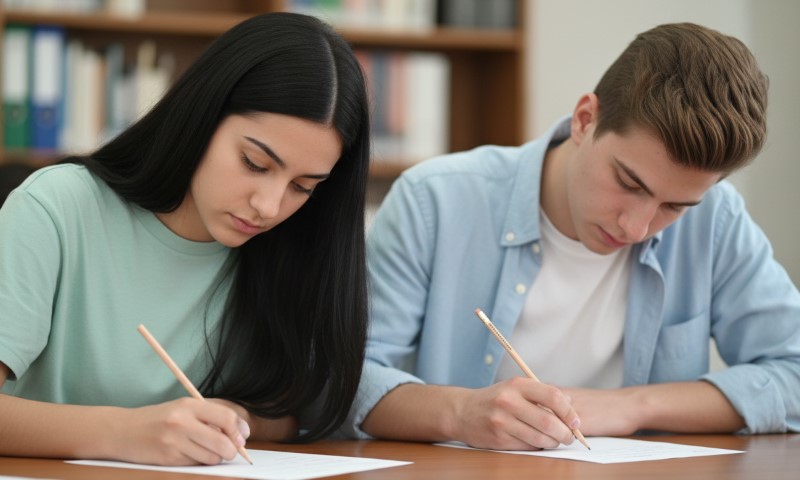 Two students focused intently on writing at a desk in a library