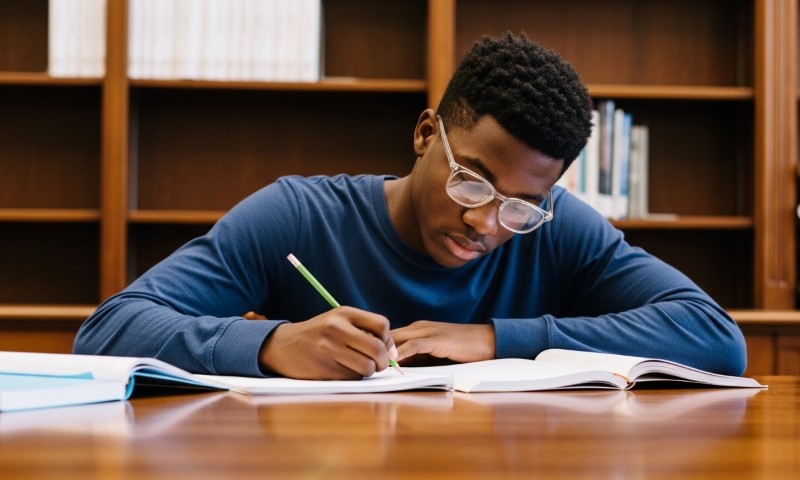 Young man in glasses intensely focusing on writing in a notebook at a wooden library table, surrounded by bookshelves
