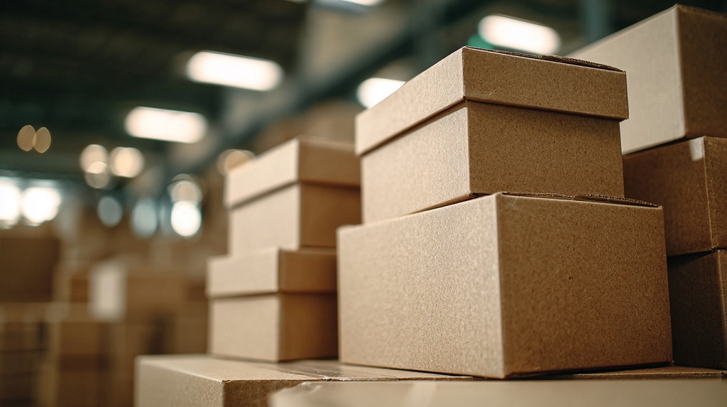 Stacked cardboard shipping boxes in a warehouse environment ready for distribution
