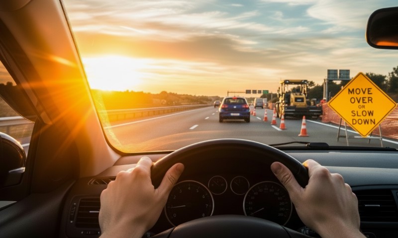Hands on a steering wheel view a highway at sunset. A yellow sign reads "Move Over or Slow Down" near traffic cones and roadwork vehicles