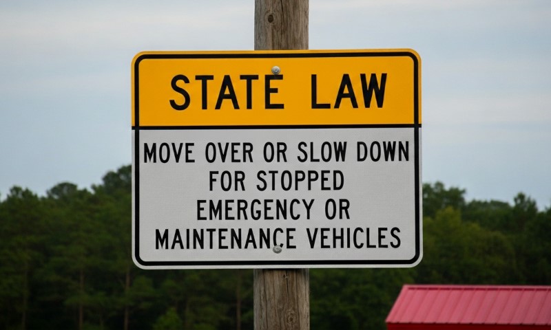 A road sign reads "State Law: Move Over or Slow Down for Stopped Emergency or Maintenance Vehicles"
