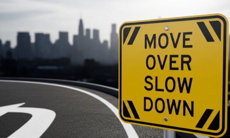 Yellow caution sign on a road reads, "MOVE OVER SLOW DOWN." City skyline blurred in the background