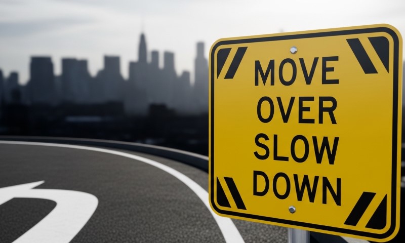 Yellow caution sign on a road reads, "MOVE OVER SLOW DOWN." City skyline blurred in the background
