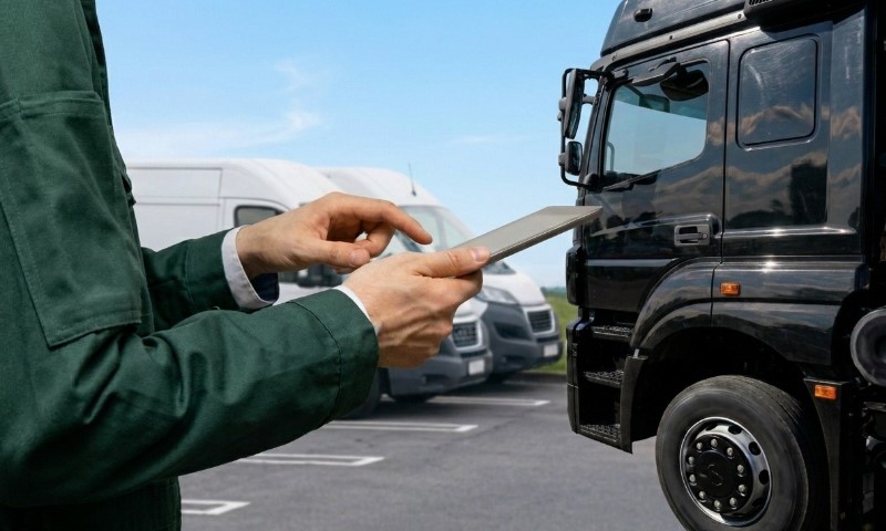 A person in a green uniform uses a tablet near parked vans and a black truck