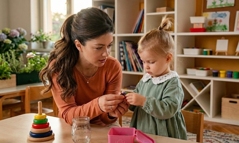 A woman in an orange sweater helps a young girl with a toy in a colorful, cozy classroom setting