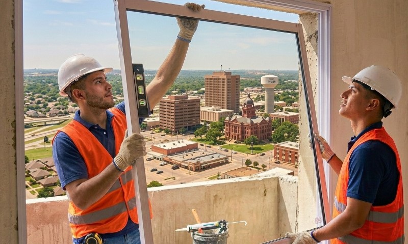 Two construction workers in helmets and vests install a window frame