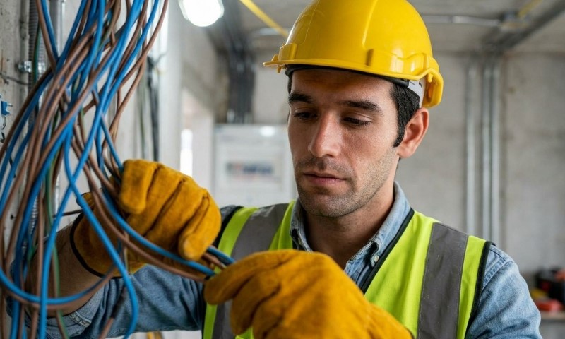 A construction worker with a yellow hard hat and gloves inspects blue and brown wires. He wears a reflective vest