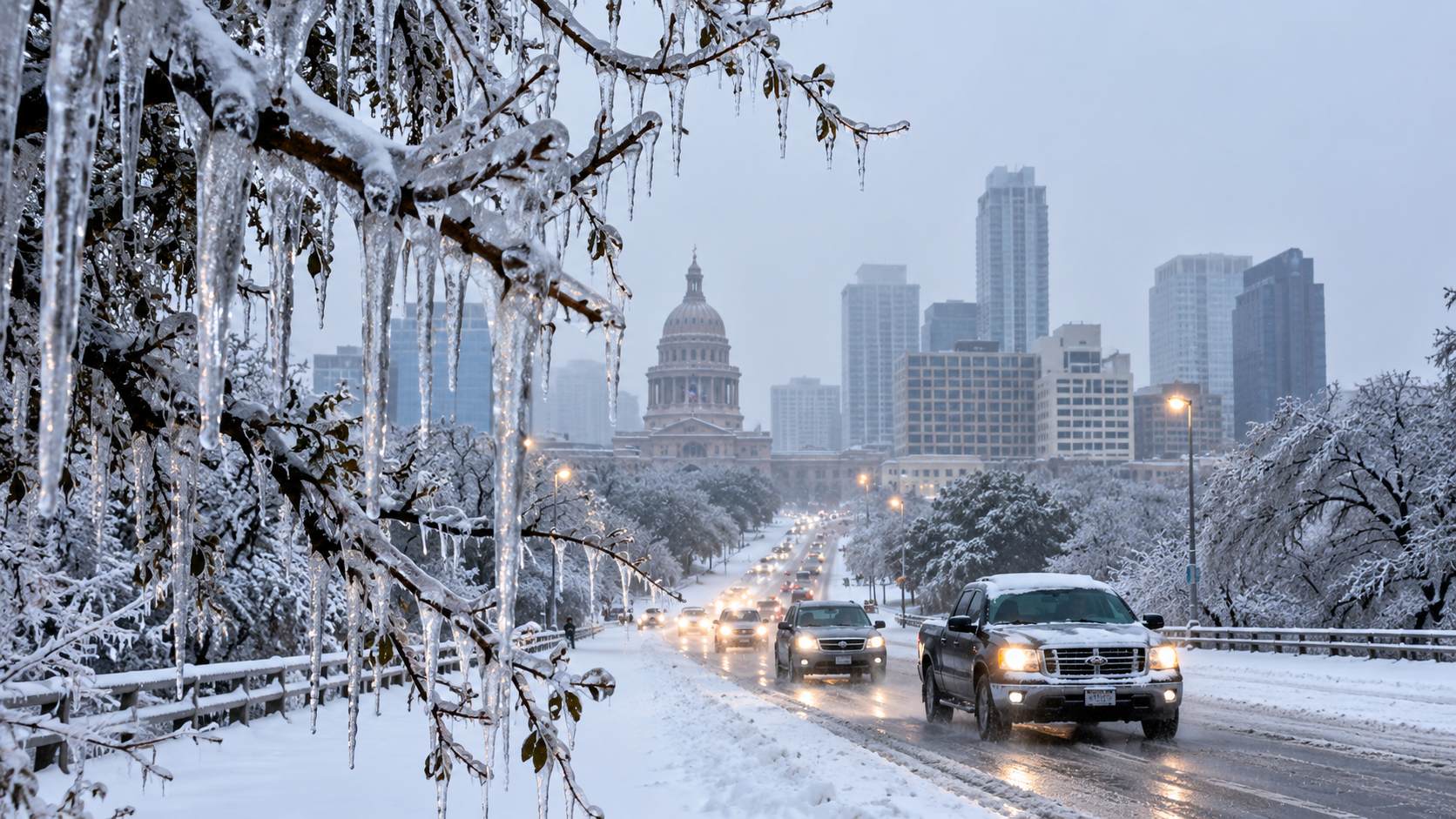 Icy winter road and snow-covered trees during a Texas freeze