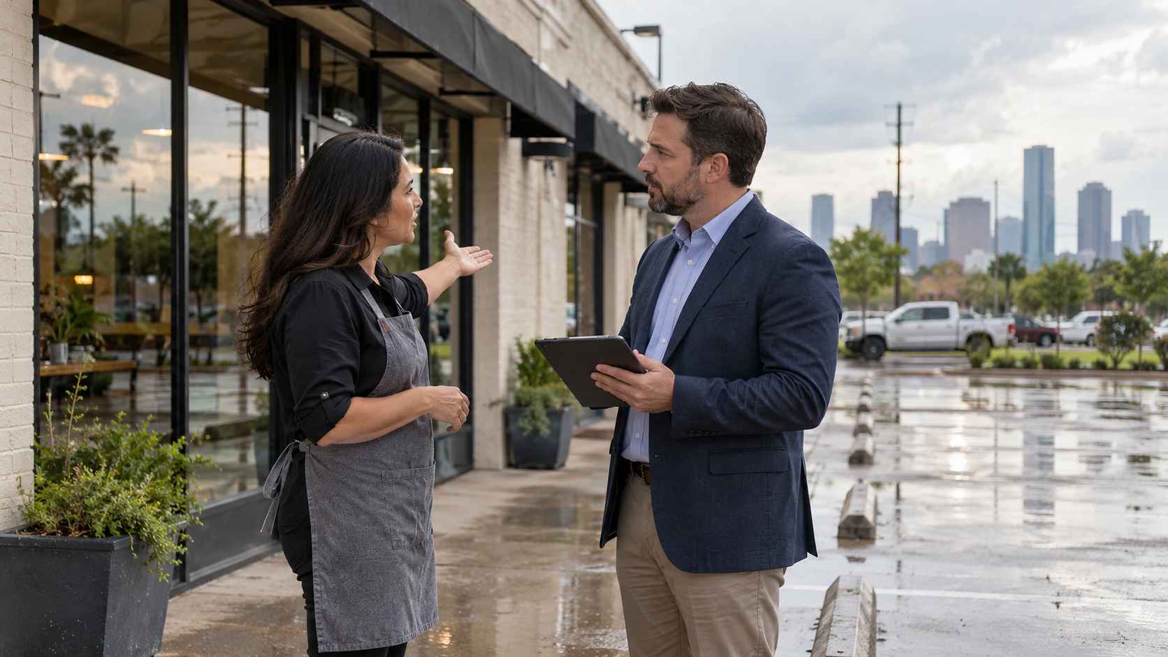 Business owner discussing commercial insurance outside a Houston storefront