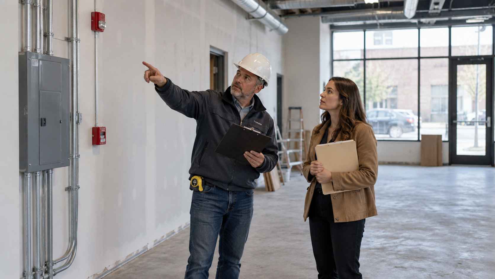 Business owner reviewing building compliance with an inspector