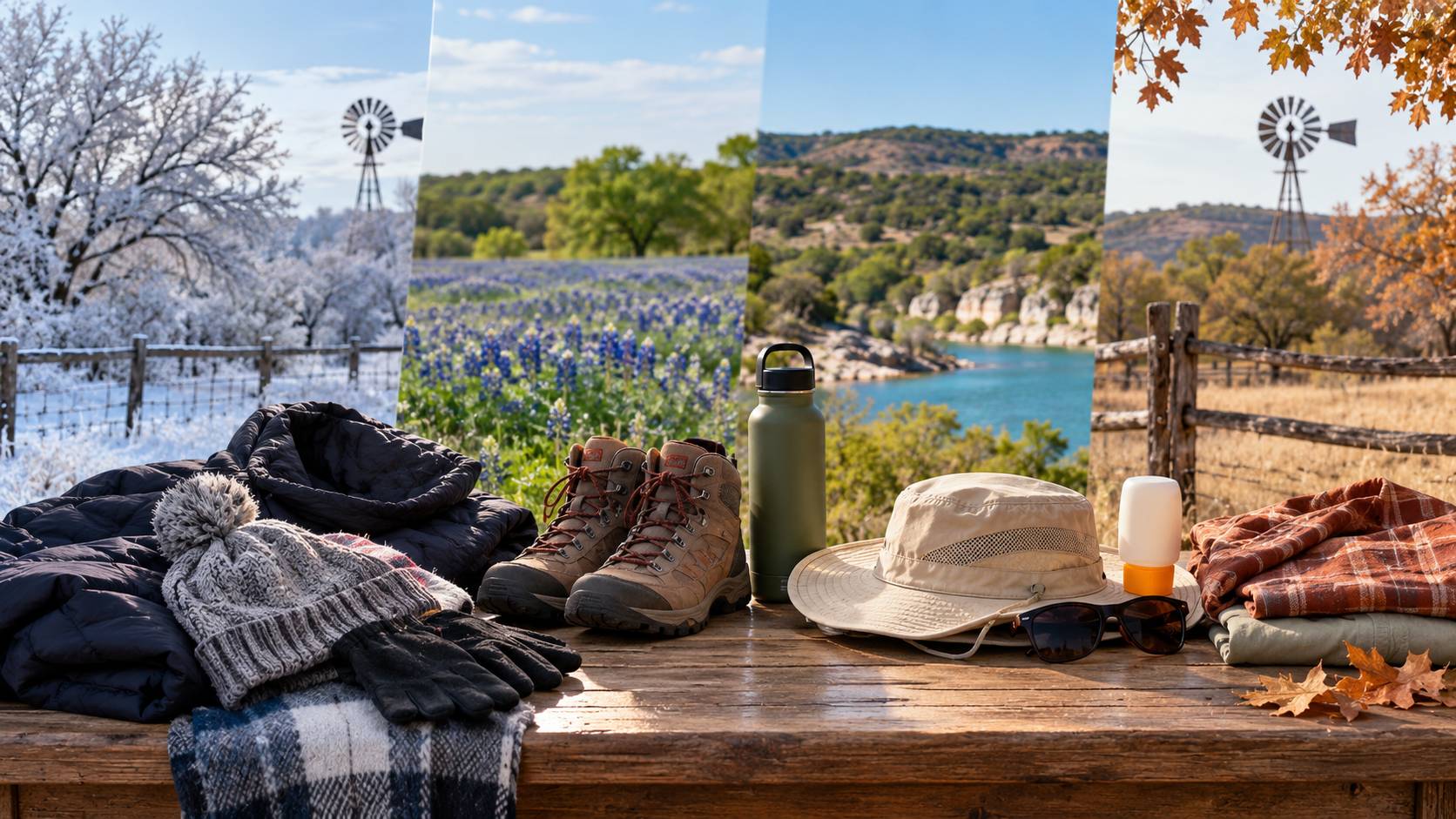 Seasonal Texas landscapes with winter clothing and warm-weather gear