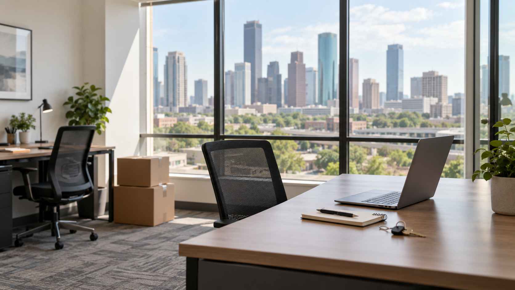 Modern Houston office with desks, laptop and moving boxes