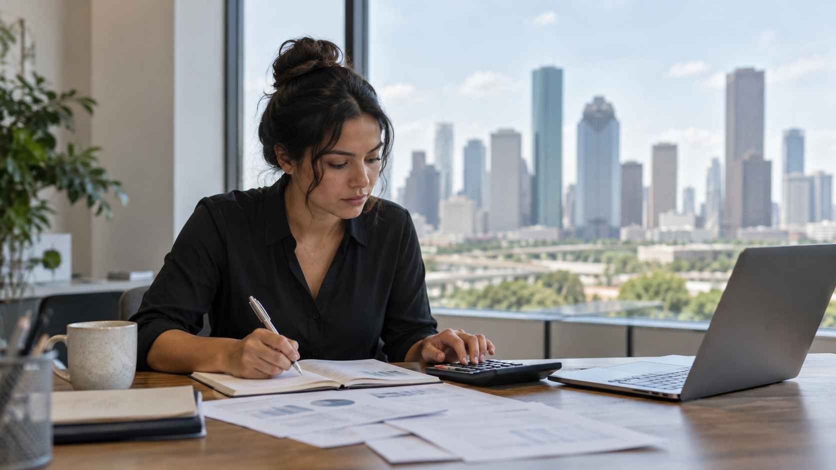 Business owner reviewing startup expenses in a Houston office