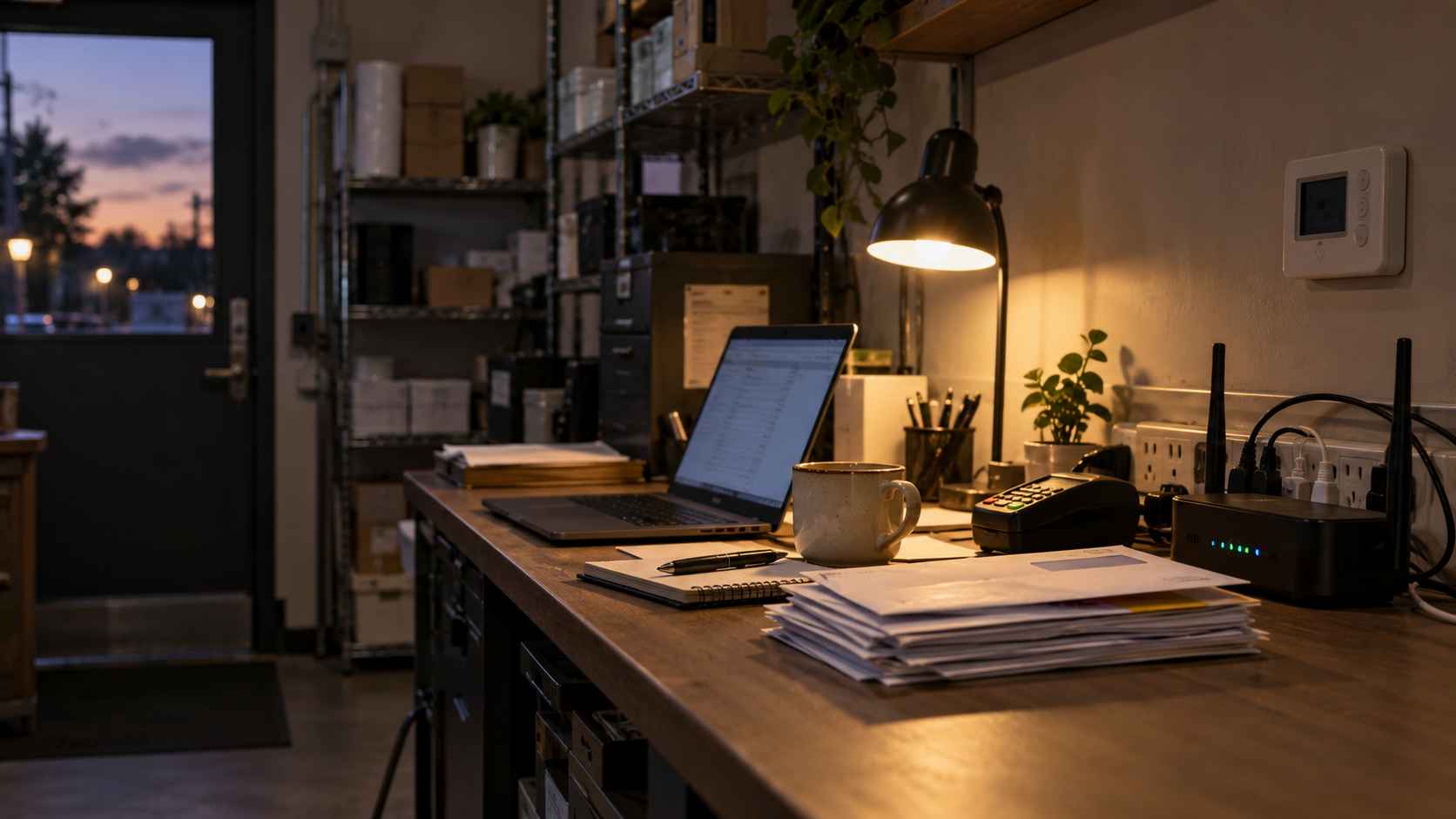 Small business workspace with laptop, router, bills and office equipment