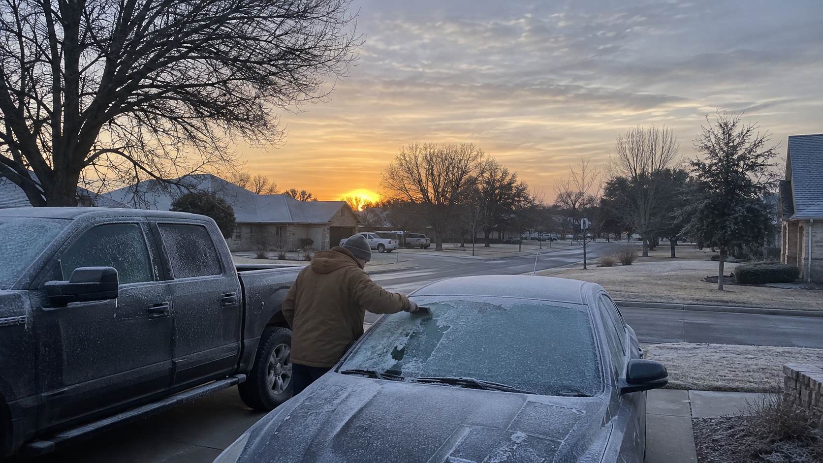 Person scraping frost from a car on a cold Texas morning